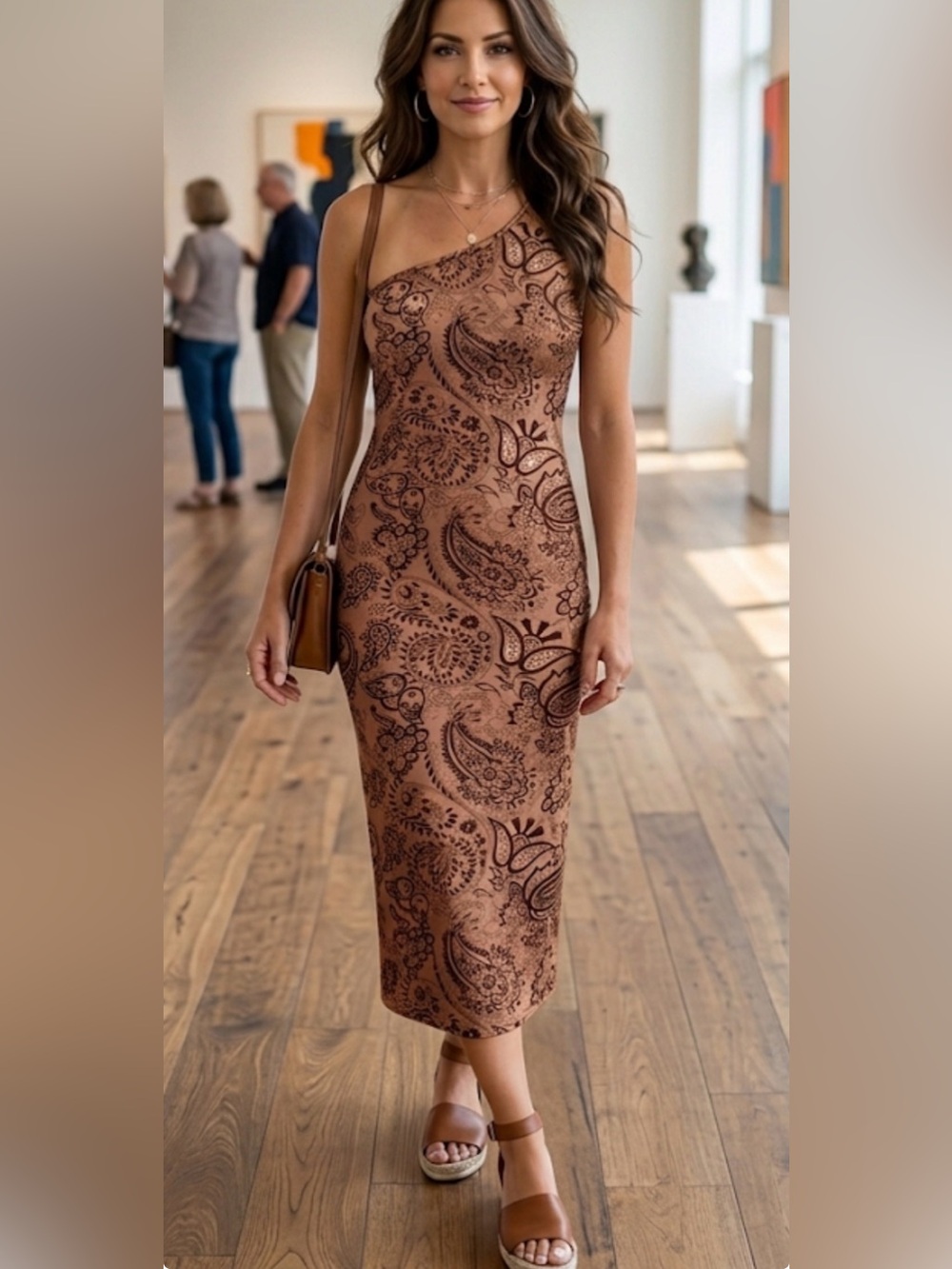 SHEIN Brown Paisley One-Shoulder Bodycon Midi Dress
